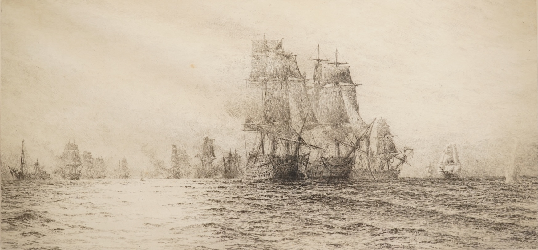William Lionel Wyllie (1851-1931), The Battle of Trafalgar, each signed in pencil, set of three drypoint etchings, 21 x 40cm
